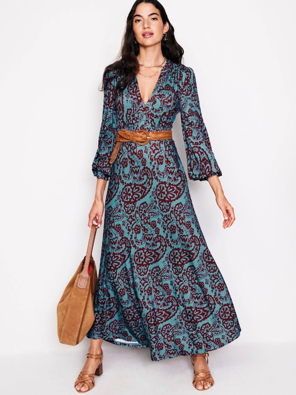 Boden Ivy Smocked Jersey Maxi Dress in Blue Grass Paisley Cascade Womens 10L